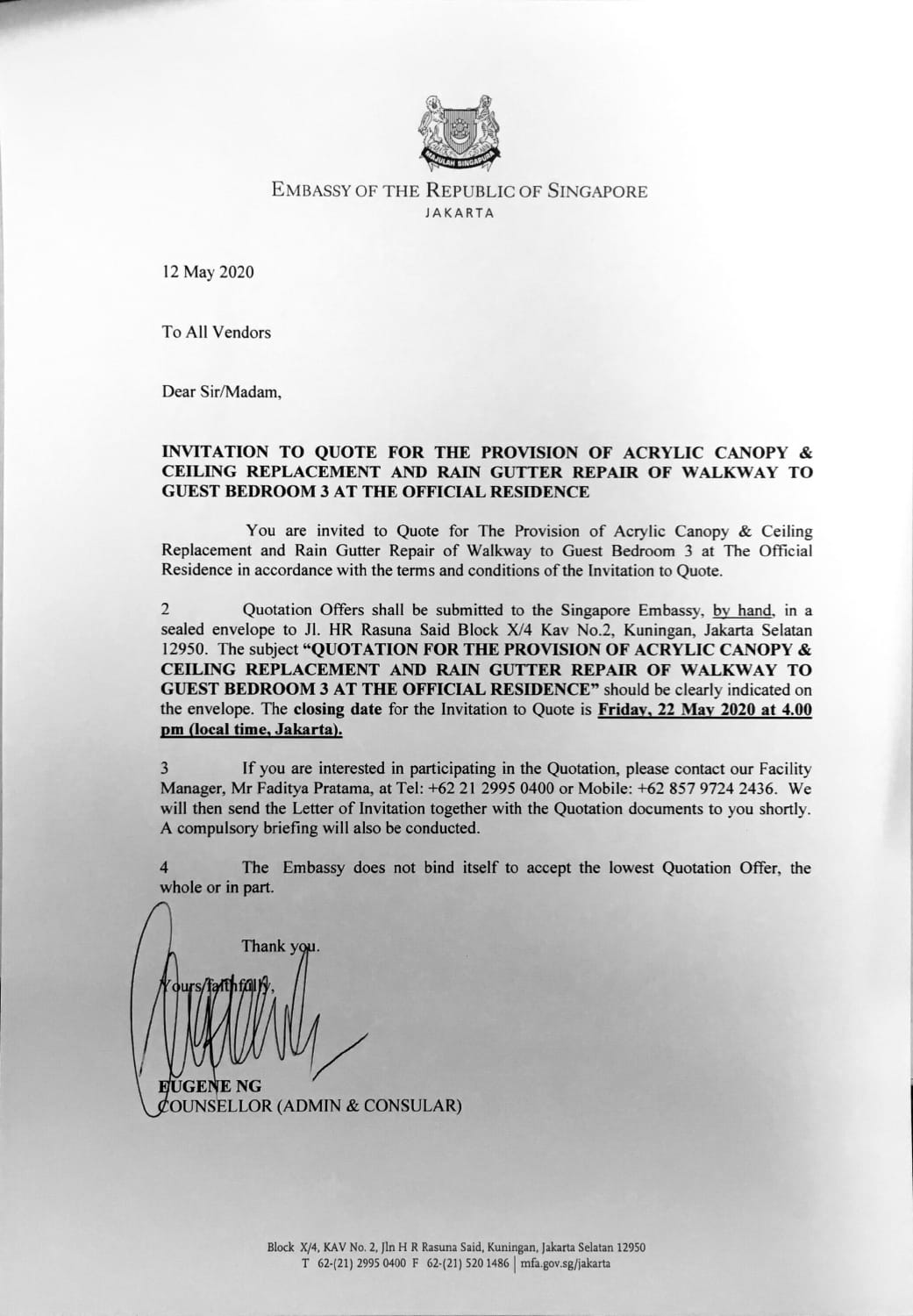 Letterhead from the Embassy of the Republic of Singapore, Jakarta with a signature.